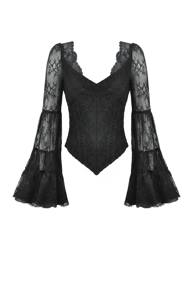 Black Women's Gothic V Collar Long Flared Sleeves Lace Patchwork Blouse - Product - 3