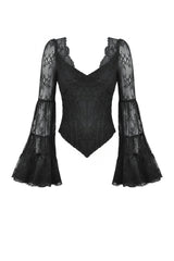 Black Women's Gothic V Collar Long Flared Sleeves Lace Patchwork Blouse - Product - 3