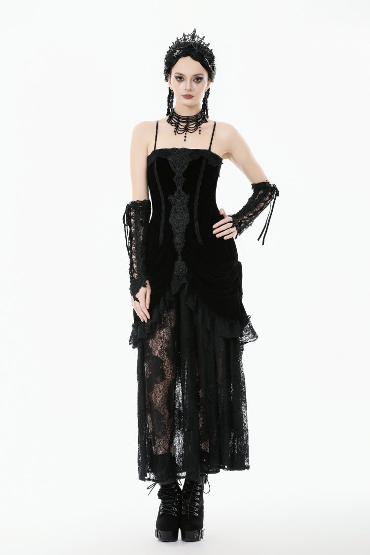 Black Women's Gothic Embroidered Lace Hem Ruched Slip Wedding Dress - Product - 5