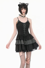 Black/White Contrast Stripes Lace-Up Multi-Layered Ruffled Hem Women's Gothic Slip Dress - Black/White - 1