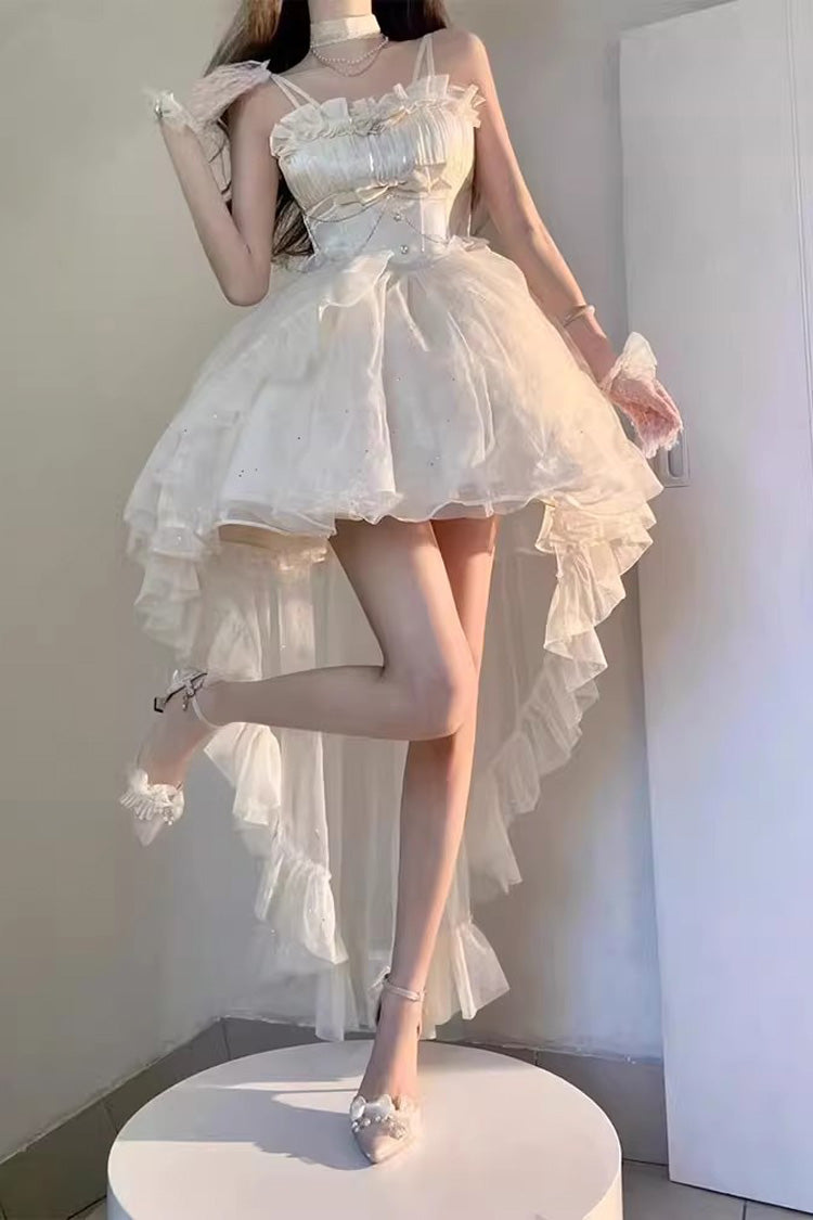 Apricot Shining Bowknot Irregular Sweet Princess Gorgeous Lolita Jsk Dress (Include Train) - Apricot - 1