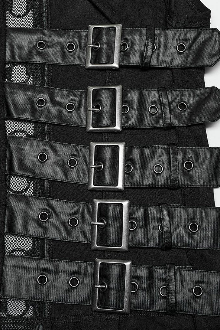 Black Sleeveless Hollow Suede Leather Stitching Irregular Mens Gothic Vest - Product - 8