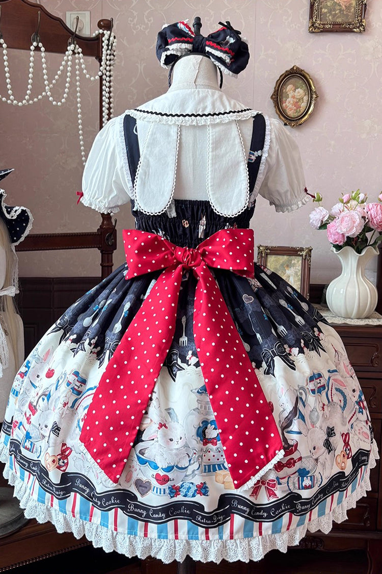Black [Mystery Rabbit Tea Party] Sleeveless Print Ruffle Bowknot Lace Sweet Lolita Jsk Dress - Product - 7