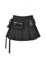 Black Women's Punk Buckled Eyelet Multi-Pockets Pleated Mini Skirt - Product - 3