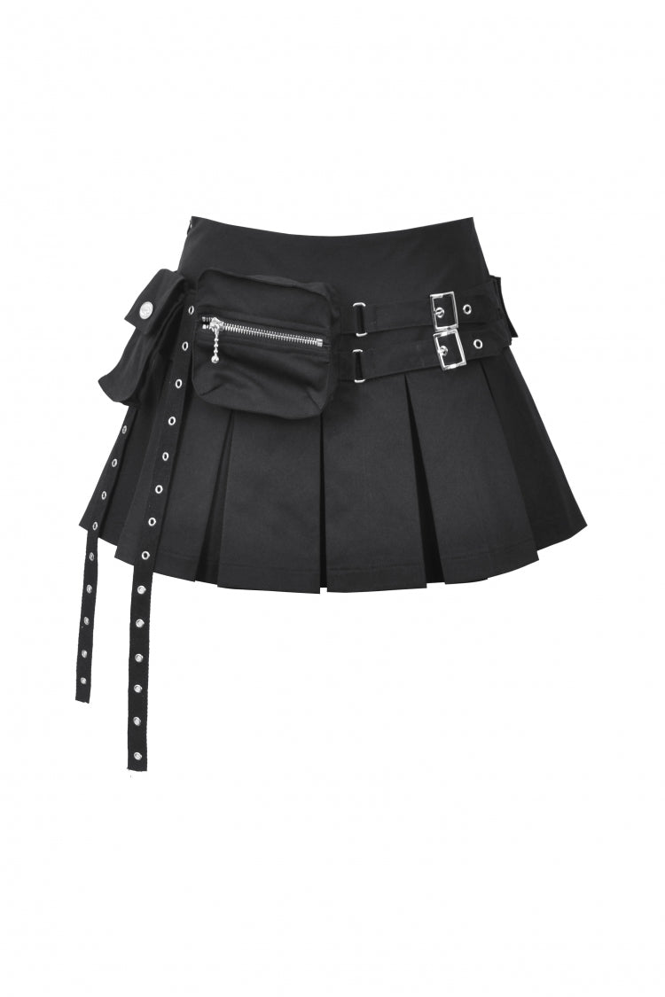 Black Women's Punk Buckled Eyelet Multi-Pockets Pleated Mini Skirt - Product - 3