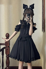 Black [Oath] Lapel Collar Off Shoulder Short Sleeves Bow Gothic Lolita Dress - Product - 2