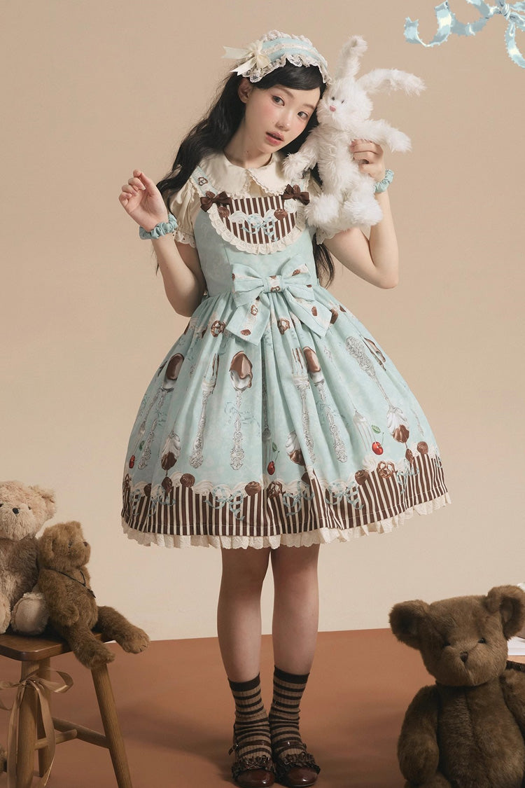 Green [Chocolate Cherry] Print Bowknot Sweet Lolita Jsk Dress - Product - 5