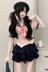 Short Sleeves Multi-layer Ruffle Bowknot Sweet College Style Japanese School Skirt Set 4 Colors - Pink/Blue - 1