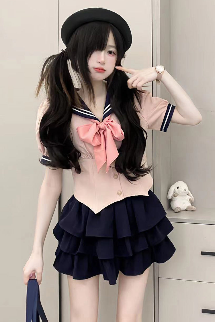 Short Sleeves Multi-layer Ruffle Bowknot Sweet College Style Japanese School Skirt Set 4 Colors - Pink/Blue - 1