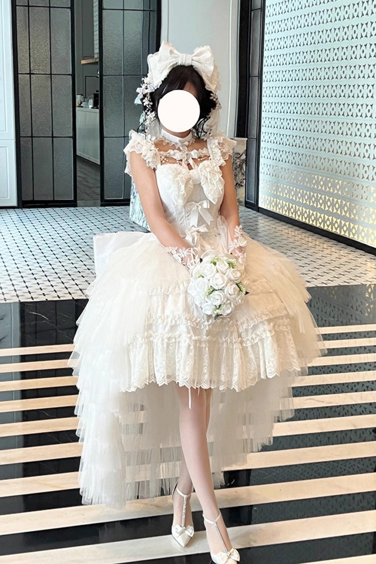 White [Jewelry Love Story] Halterneck Ruffle Hanayome Bowknot Lace Gothic Lolita Dress - Product - 2