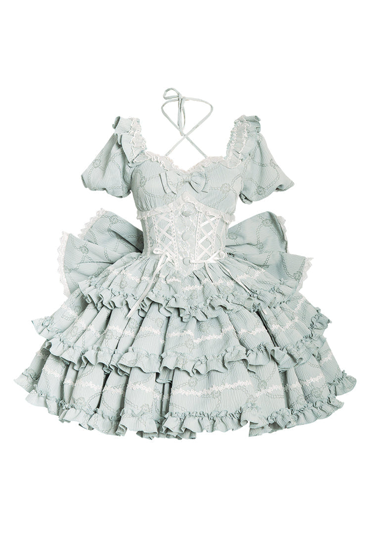 Mint Square Collar Short Sleeves Triple-Layered Ruffle Bowknot Sweet Lolita Dress - Product - 3
