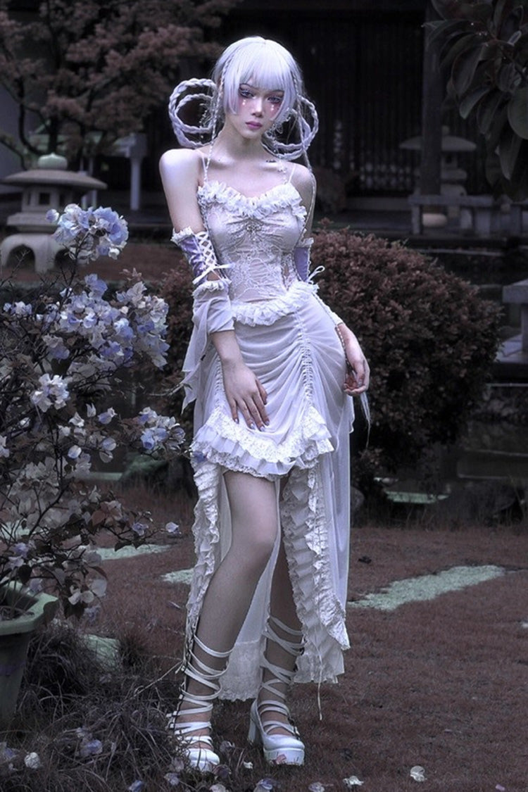 White [Redemption of the Deity] Drawstring Ruffle Embroidery Lace Pleated Gothic Lolita Jsk Dress - Product - 2