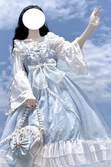 Light Blue Shell Jacquard Ruffle Bowknot Lace Sweet Lolita Jsk Dress - Product - 5