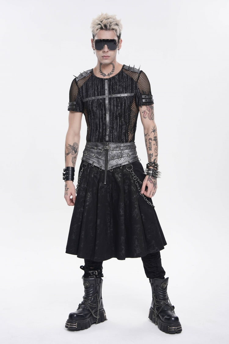 Black Printed Spliced Lace-Up Pleated Chain-Decorated Men's Punk Skirt - Product - 6