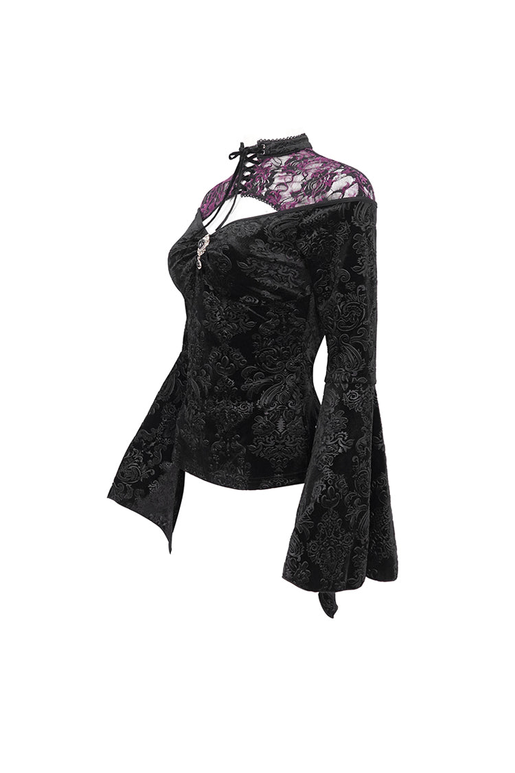 Black Cutout Flared Sleeved Floral Embossed Women's Gothic Shirt - Product - 10