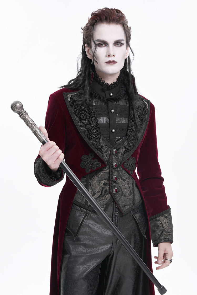 Wine Red Long Sleeves Button Floral Embroidery Men's Gothic Jacket - Product - 6
