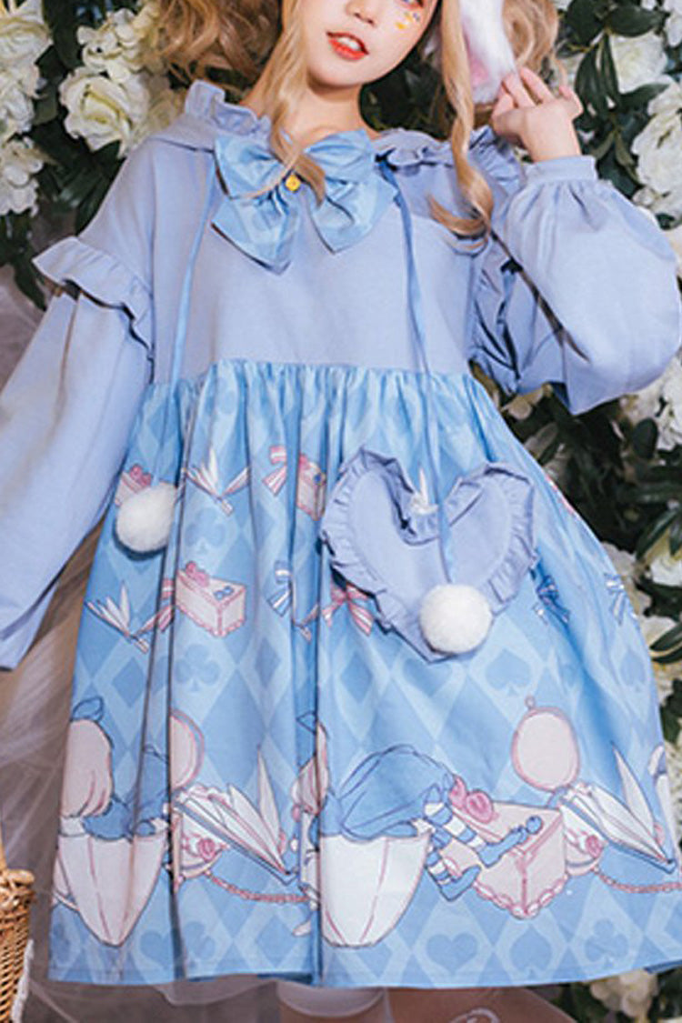 Blue Lantern Long Sleeves Alice Rabbit Print Hooded Cute Sweet Lolita OP Dress - Blue - 1