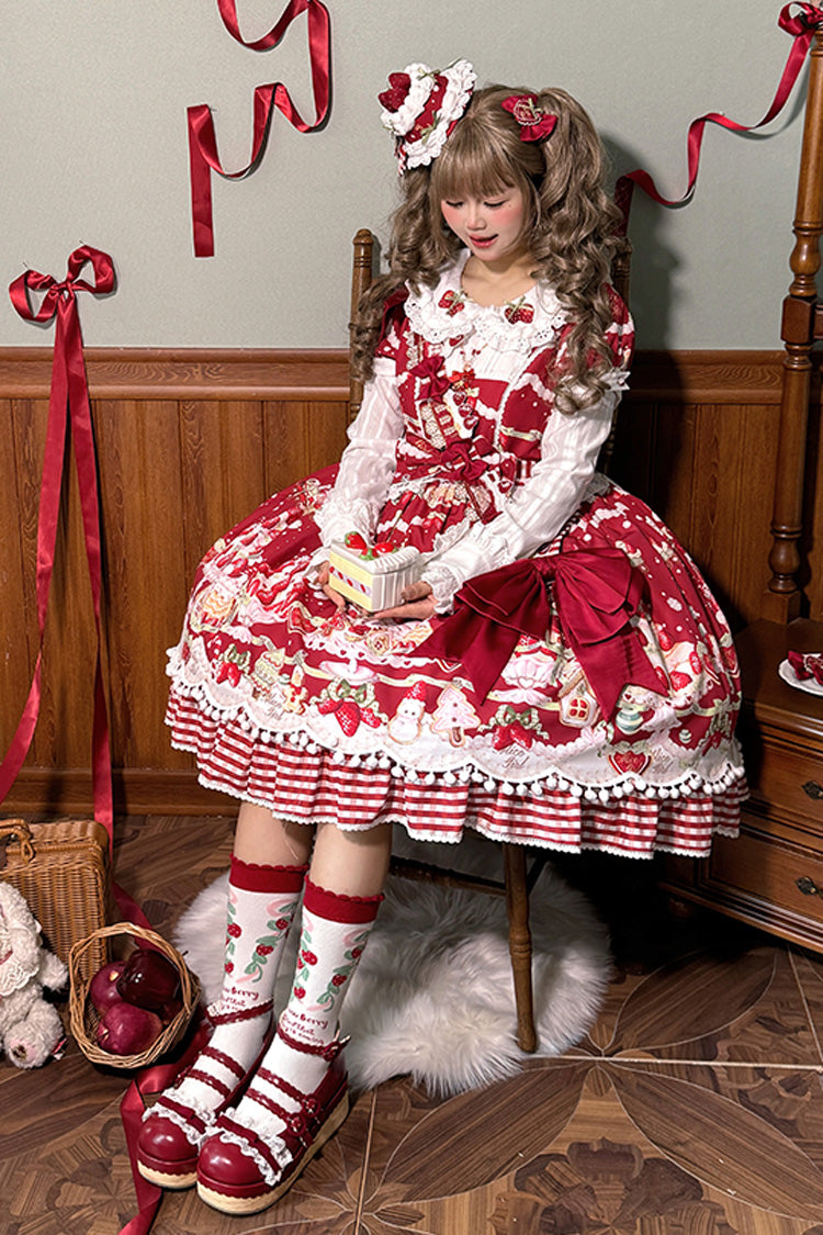 Mint Strawberry Dessert Doll Collar Short Sleeves Print Ruffle Bowknot Sweet Lolita Dress 4 Colors - Product - 3