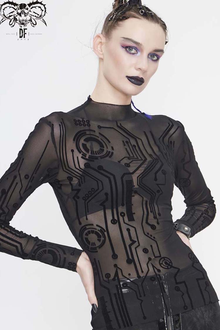 Black Long Sleeve The Printed Flocking Mesh Rough Selvedge Women's Punk Shirt - Product - 3