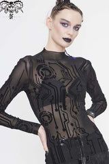 Black Long Sleeve The Printed Flocking Mesh Rough Selvedge Women's Punk Shirt - Product - 3