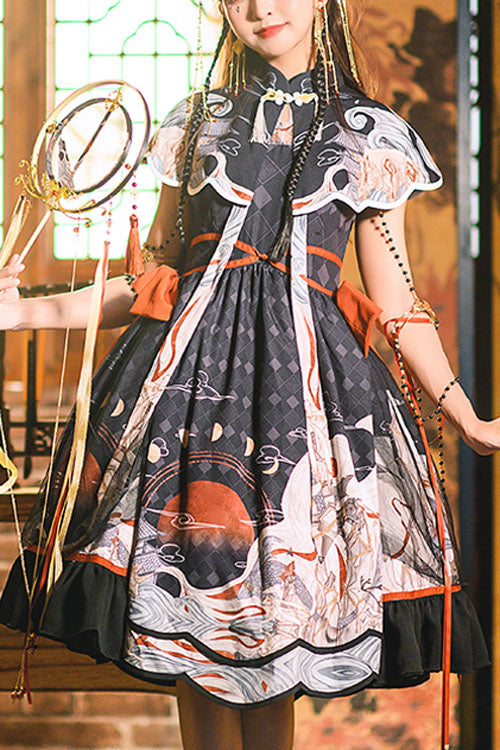 Black Chinese Style Chang'e Flying To The Moon Print Ruffled Classic Lolita OP Dress - Black - 1