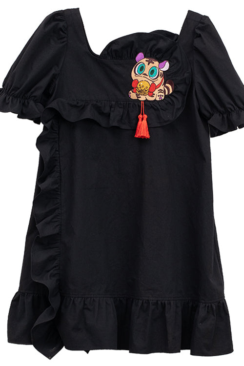 Black Ruffled Square Collar Cute Tiger Embroidered Bubble Short Sleeves High Waisted Sweet Lolita Dress - Product - 10