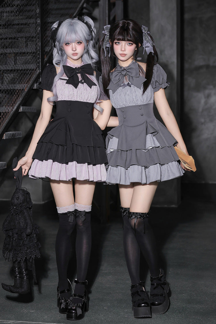 Classic Square Collar Halterneck Short Sleeves Triple-Layered Printed Ruffled Bow Cool Lolita Dress Set 2 Colors(Black, Grey) - Product - 2
