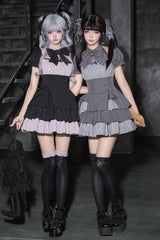 Classic Square Collar Halterneck Short Sleeves Triple-Layered Printed Ruffled Bow Cool Lolita Dress Set 2 Colors(Black, Grey) - Product - 2