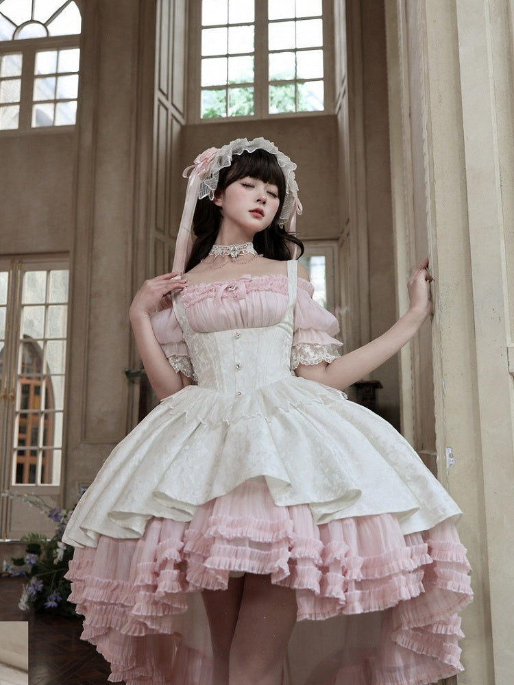 Pink & White Gothic Underbust JSK Dress and Off-Shoulder Blouse Set detail view 7