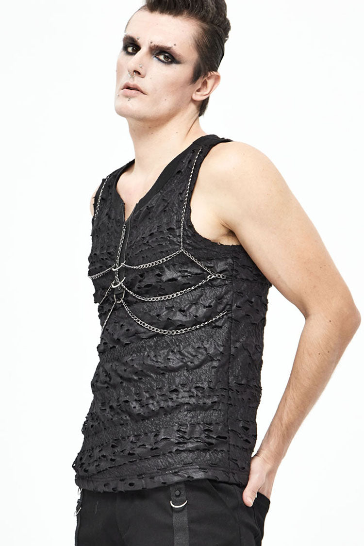 Black Broken Holes Thick Stripes Chest Chain Knit Men's Punk Vest - Product - 4