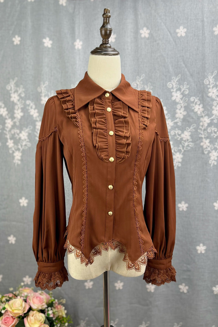 [Late Night] Lapel Collar Long Sleeves Ruffle Lace Slim Sweet Lolita Blouse 6 Colors - Brown - 6
