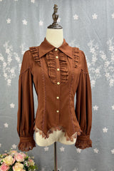 [Late Night] Lapel Collar Long Sleeves Ruffle Lace Slim Sweet Lolita Blouse 6 Colors - Brown - 6