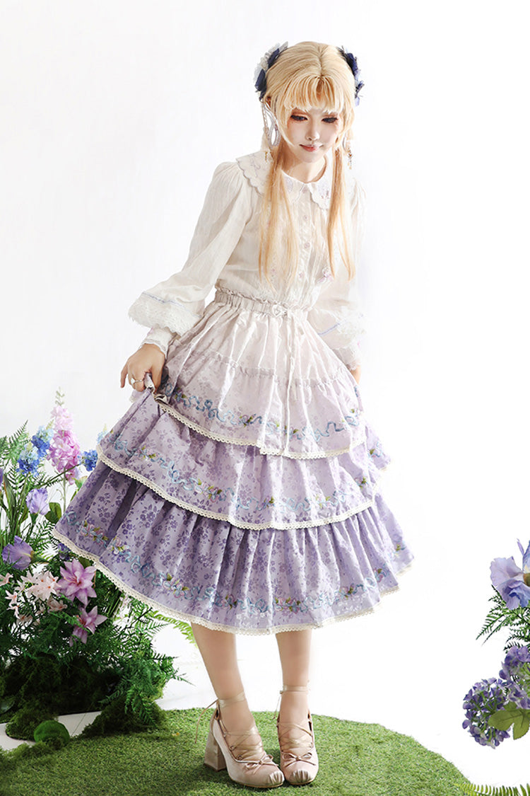 Purple [Moonlight Iris] Triple-Layered Print Ruffle Embroidery Lace Sweet Lolita Skirt - Product - 3