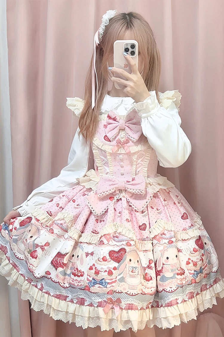 Pink [Sweet Bunny Party] Square Collar Sleeveless Printed Ruffled Bow Sweet Lolita Jsk Dress Set - Pink(Long-Sleeves-Set) - 6