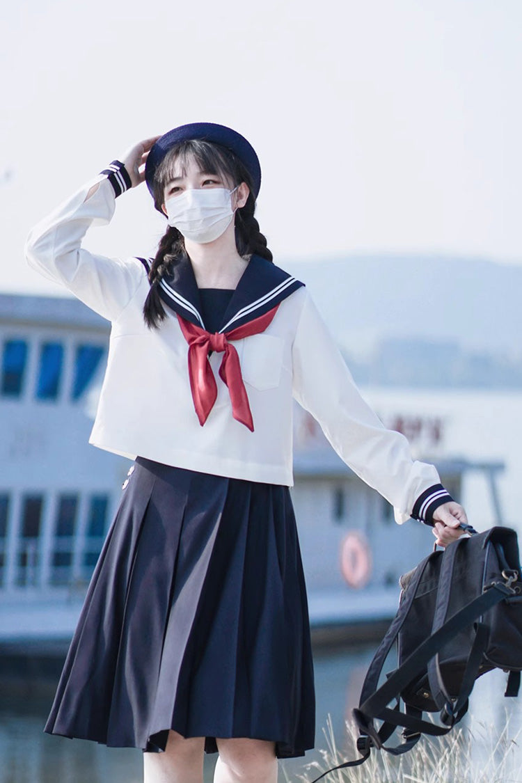 White/Dark Blue Long Sleeves Sweet Japanese School Skirt Set - Product - 14