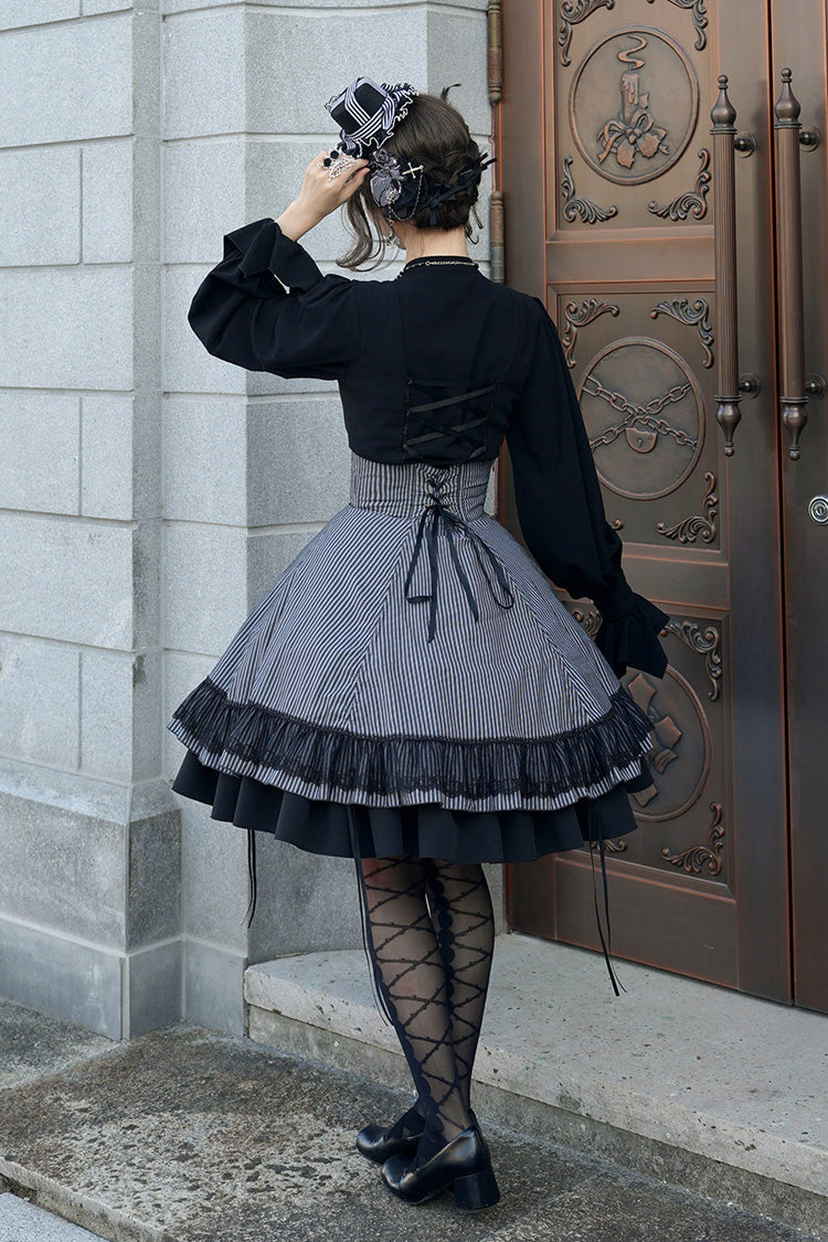 Black [Point Manor] Multi-Layered Striped Printed Ruffled Lifted Hem Bow Gothic Lolita Skirt - Product - 6