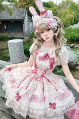 Pink [Sweetheart Bunny] Square Collar Flutter Sleeves Multi-Layered Jacquard Ruffled Embroidered Bow Lace Sweet Lolita Jsk Dress - Pink - 1