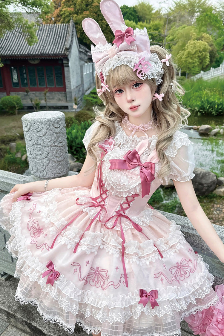 Pink [Sweetheart Bunny] Square Collar Flutter Sleeves Multi-Layered Jacquard Ruffled Embroidered Bow Lace Sweet Lolita Jsk Dress - Pink - 1
