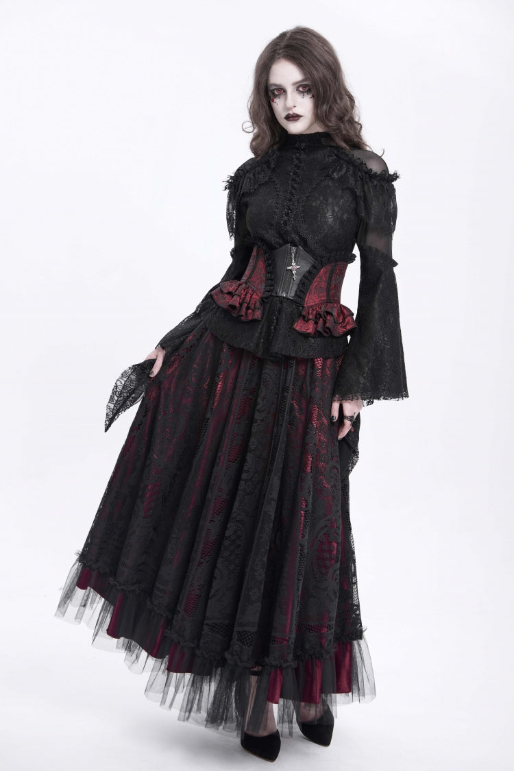 Black/Red Printed Spliced Lace Lace-Up Slim Zippered Women's Gothic Palace Corset - Product - 5