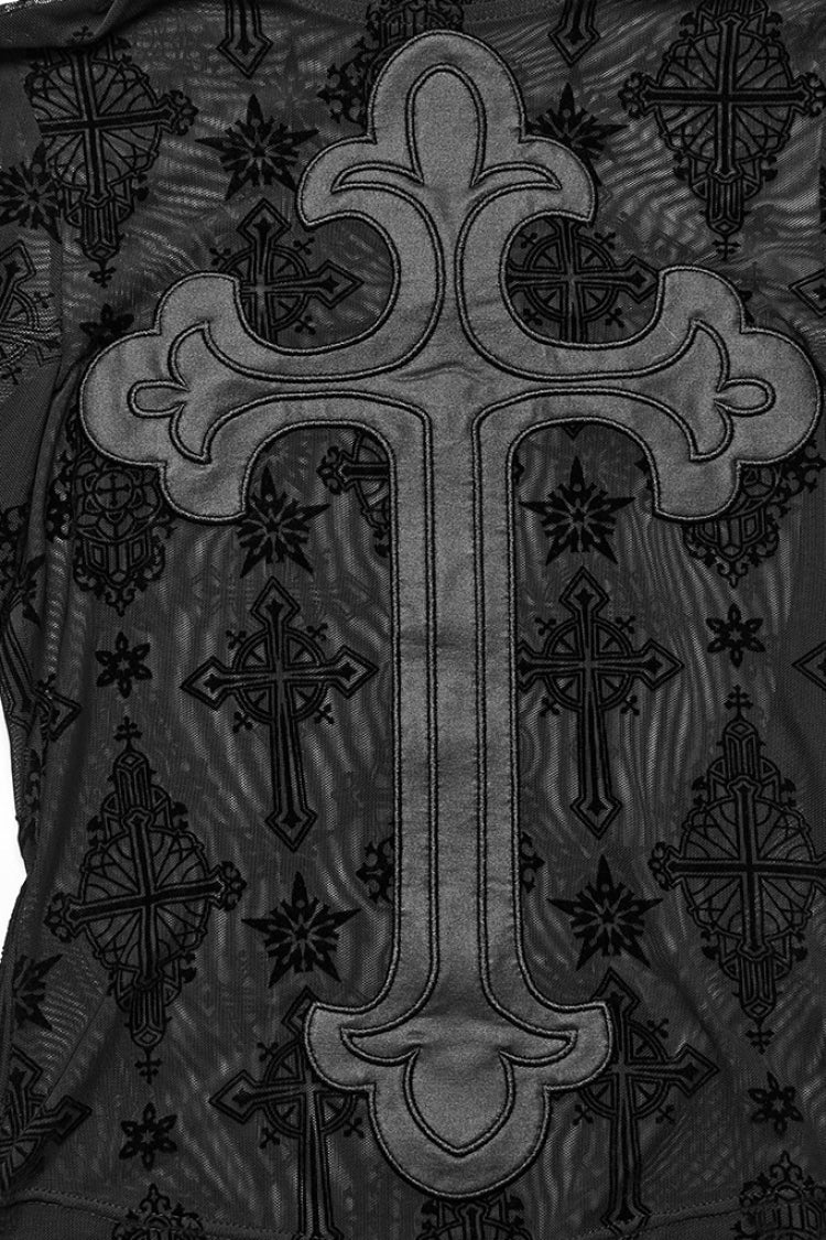 Black Stand Collar Long Sleeves Star Cross Embroidery Sheer Mesh Women's Gothic T-Shirt - Product - 5
