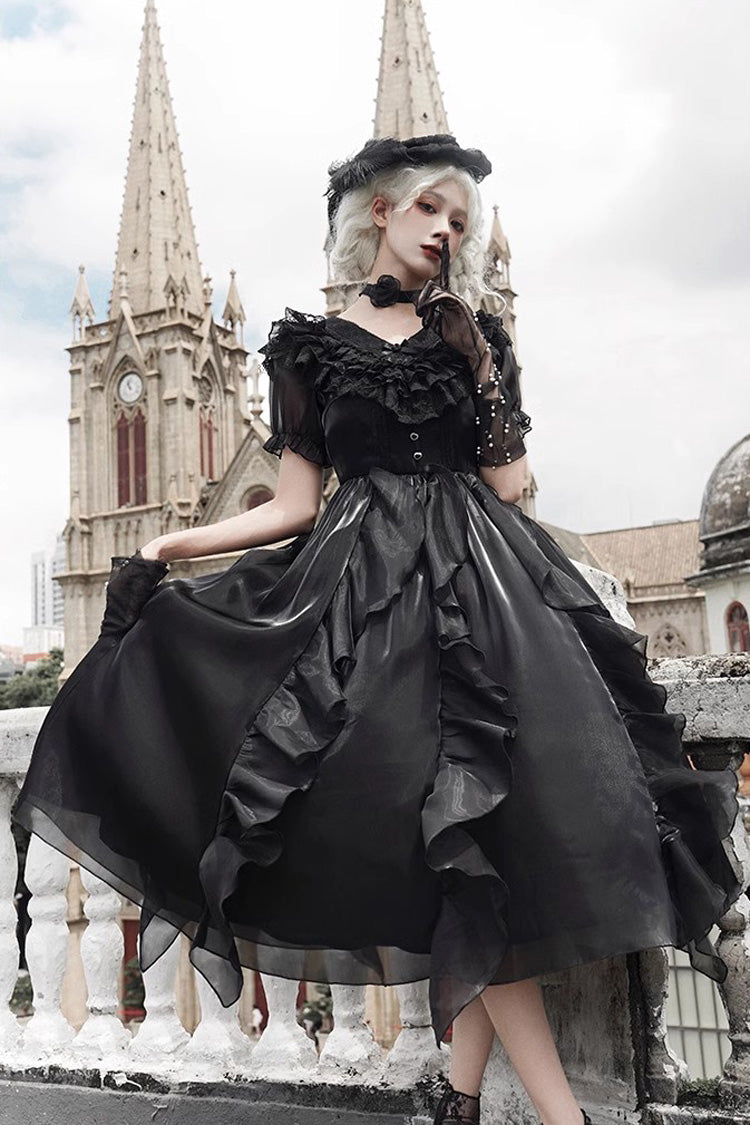 Black V-Neck Lace Cla Daily Short Puff Sleeves Gothic Lolita Dress - Product - 7
