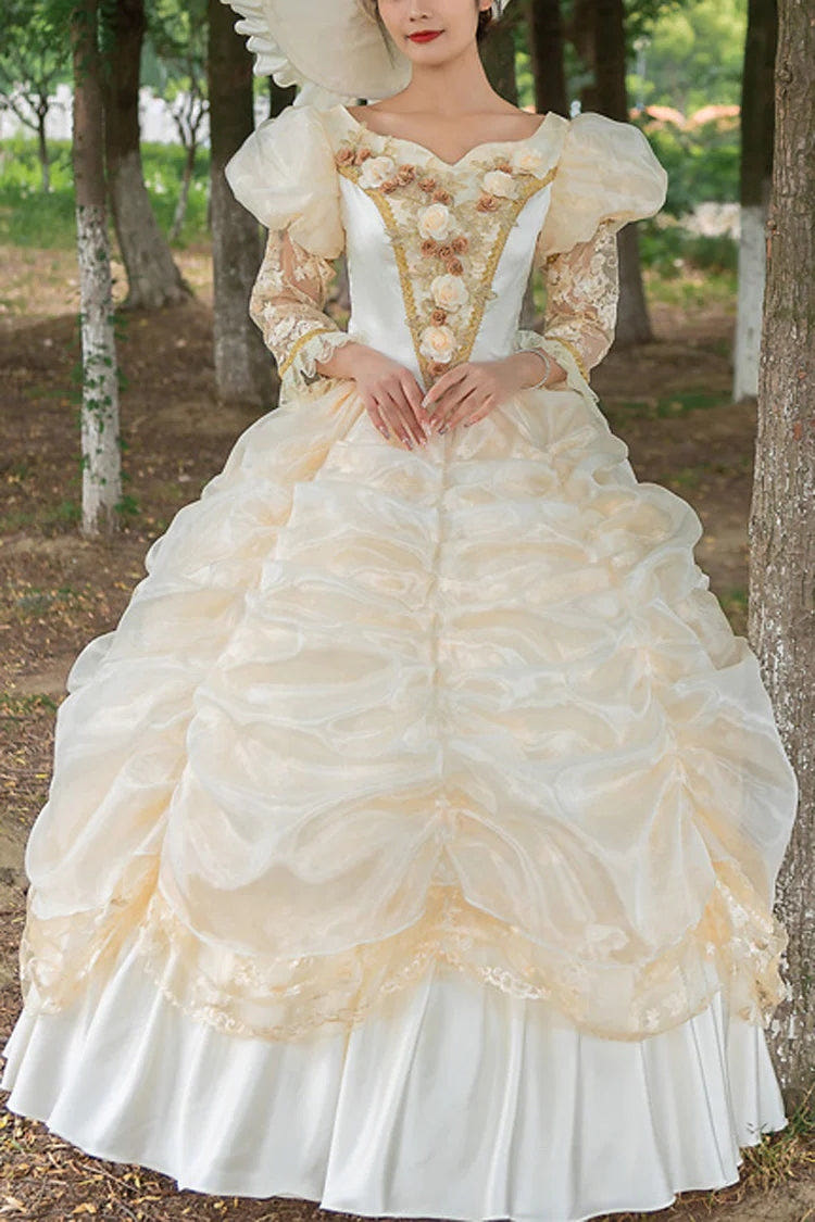 Champagne Medieval French Court Embroidery Vintage Lolita Victorian Dress - Champagne - 1
