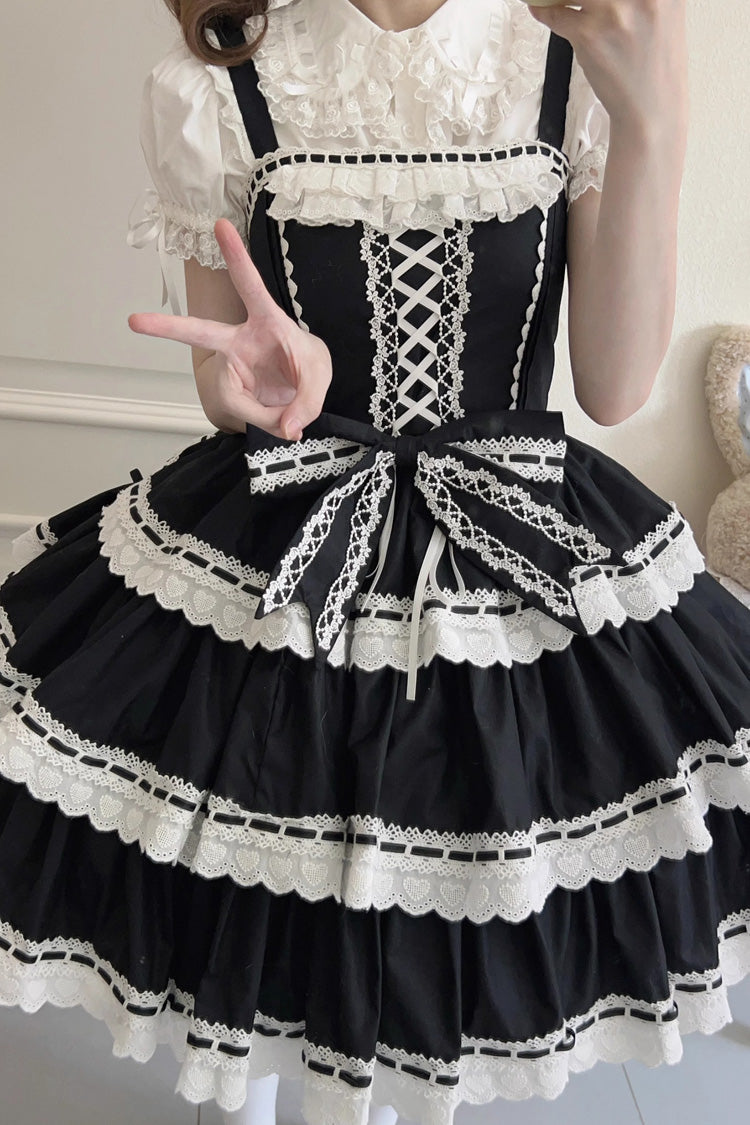 Black [Maiden Heart] Triple-Layered Ruffle Bowknot Lace Sweet Lolita Jsk Dress - Product - 2