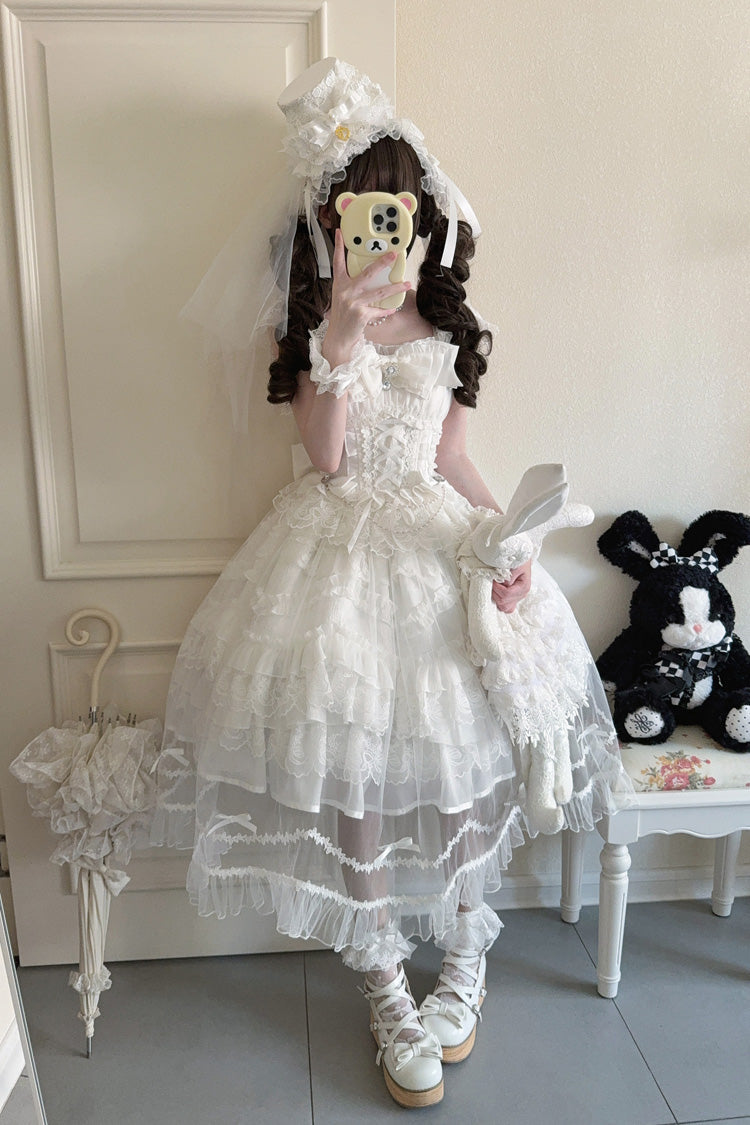White [Eternal Vow] Sleeveless Multi-Layered Ruffle Hanayome Bowknot Lace Lace-Up Sweet Lolita Jsk Dress - Product - 8