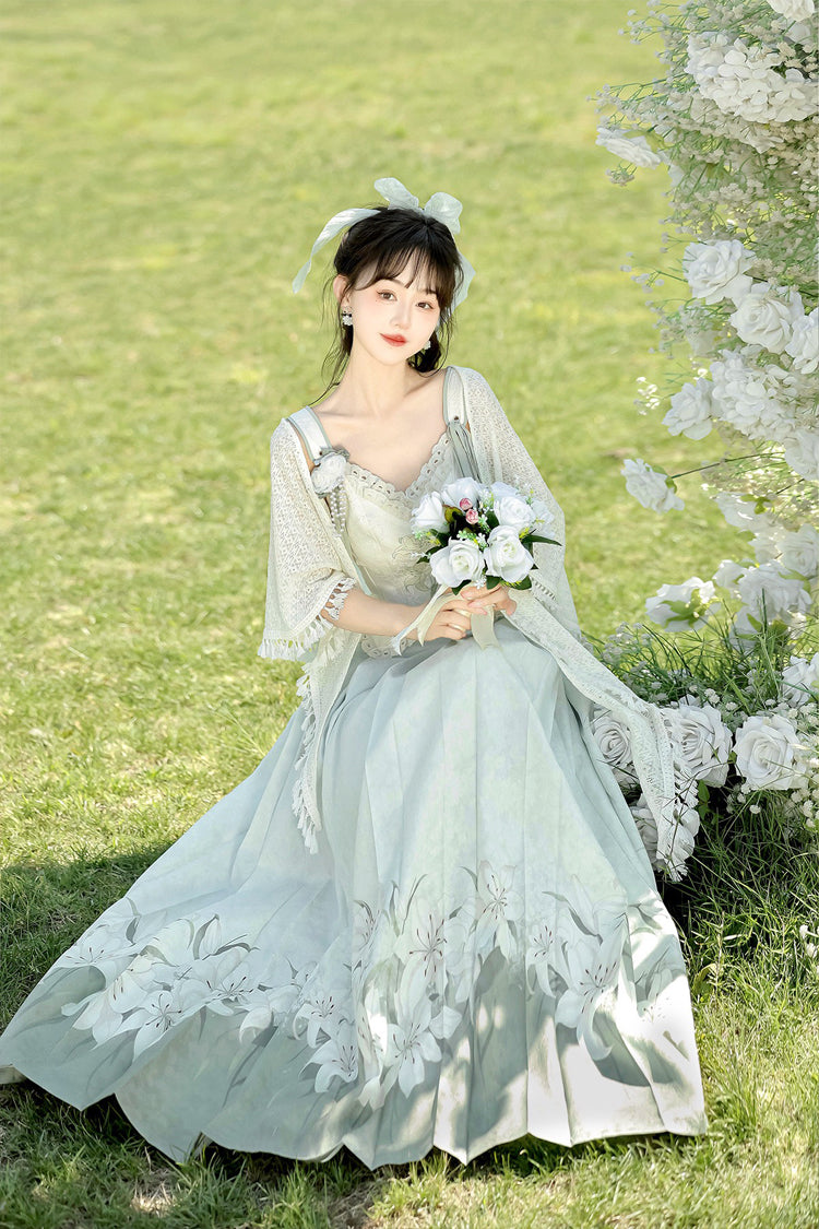 Green High Waisted Print Embroidery Women's Daily Sweet Hanfu Dress Full Set - Product - 6