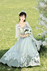 Green High Waisted Print Embroidery Women's Daily Sweet Hanfu Dress Full Set - Product - 6