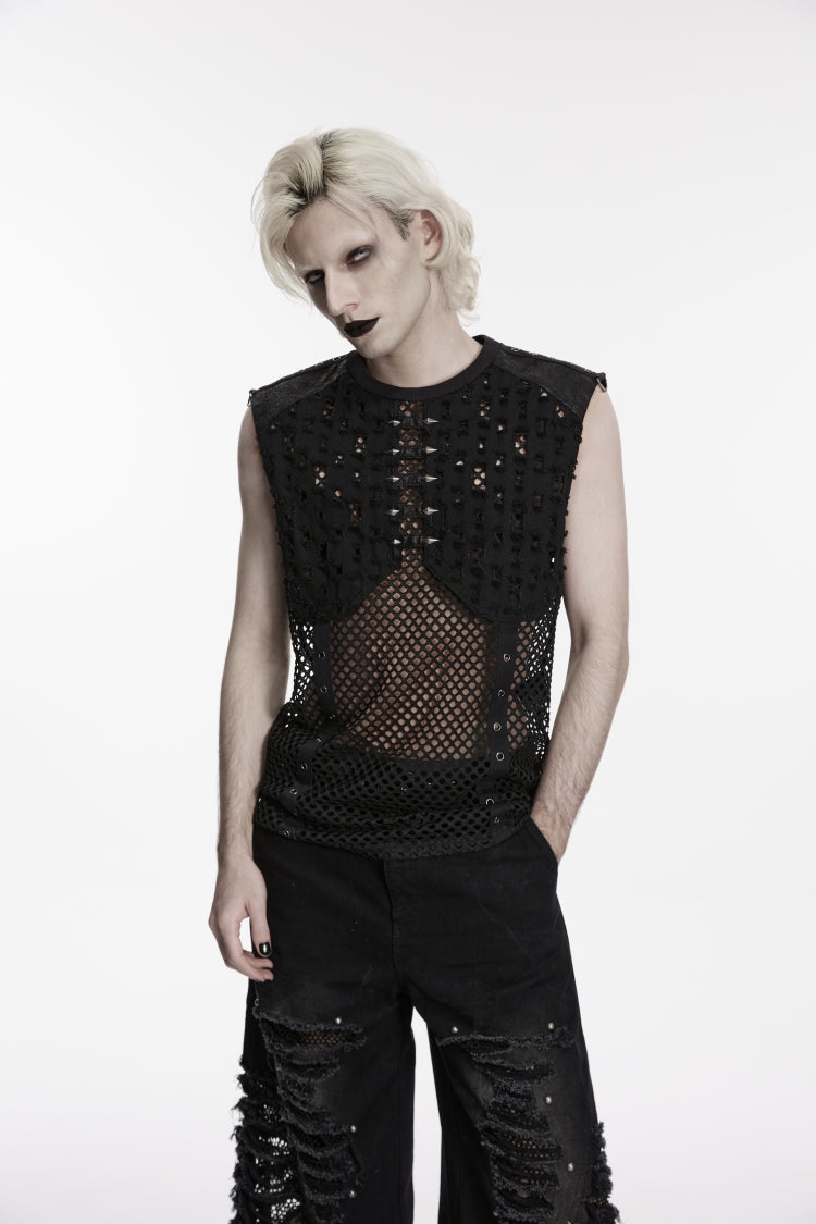 Black Spliced Mesh Ripped Studded Eyelet Men's Punk Cool Vest - Product - 7
