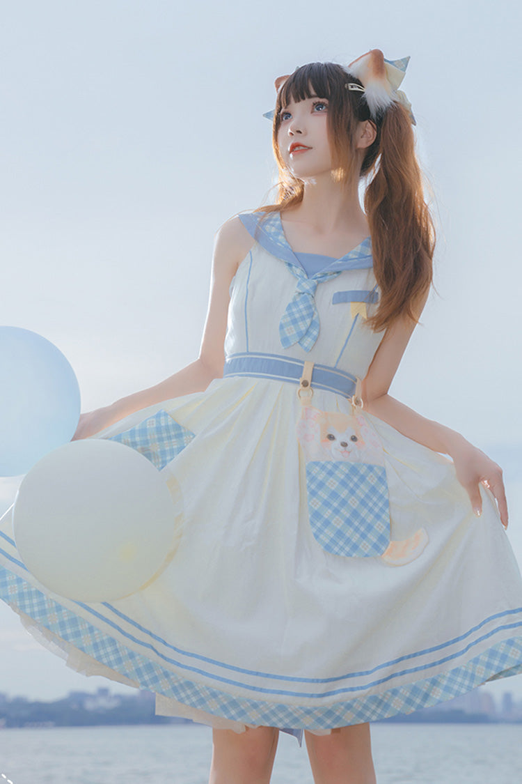 White/Blue Navy Style Cute Animals Print Sweet Princess Lolita Jsk Dress - Product - 2