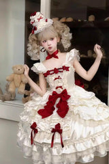 Apricot [Berry Endless] Square Collar Sleeveless Multi-Layered Ruffled Embroidered Bow Lace Sweet Lolita Jsk Dress - Product - 9