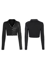 Black Gothic Super Cool Slim Fit Strap Sexy Cropped Pullover Long Sleeve Women's Polo Tee - Product - 5